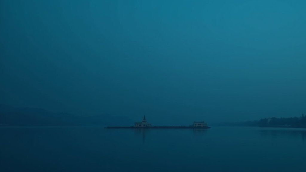 A perfectly flat, calm sea at dawn under a pastel sky, the horizon a straight line.